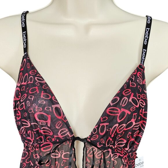bebe Mesh Cami and Short Lingerie Sleepwear 2 Piece Set, Logo Print, X-Large - Picture 4 of 13
